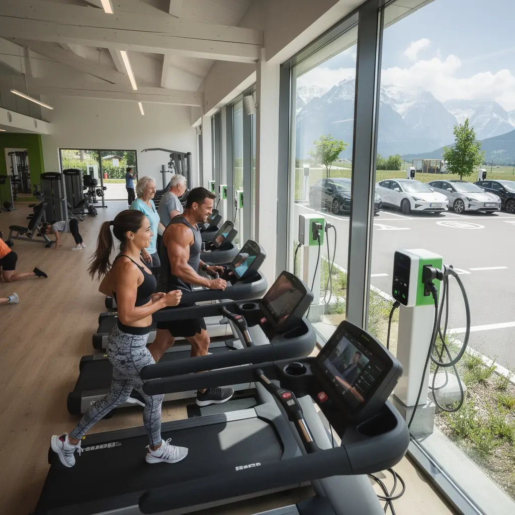 Ladeeinheit für Elektrofahrzeuge vor einem modernen Fitnessstudio