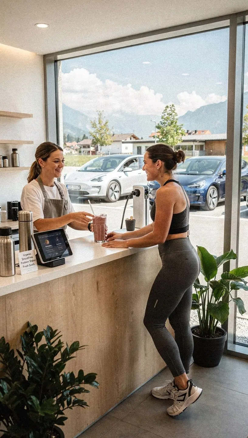 Mitglieder des Fitnessstudios laden ihre Elektroautos, während sie trainieren