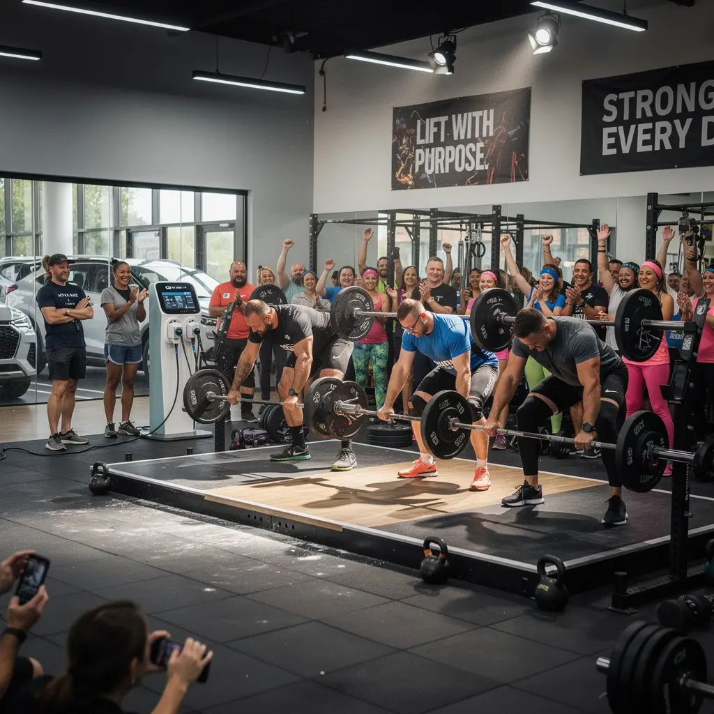 Frau, die an einem Laufband trainiert, während ihr Elektrofahrzeug aufgeladen wird