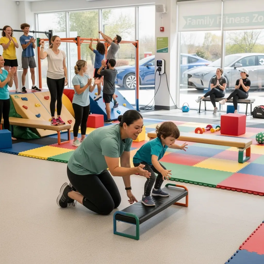 Innenansicht eines Fitnessstudios mit einer Ladestation fГјr Elektroautos in der NГ¤he der TrainingsgerГ¤te.