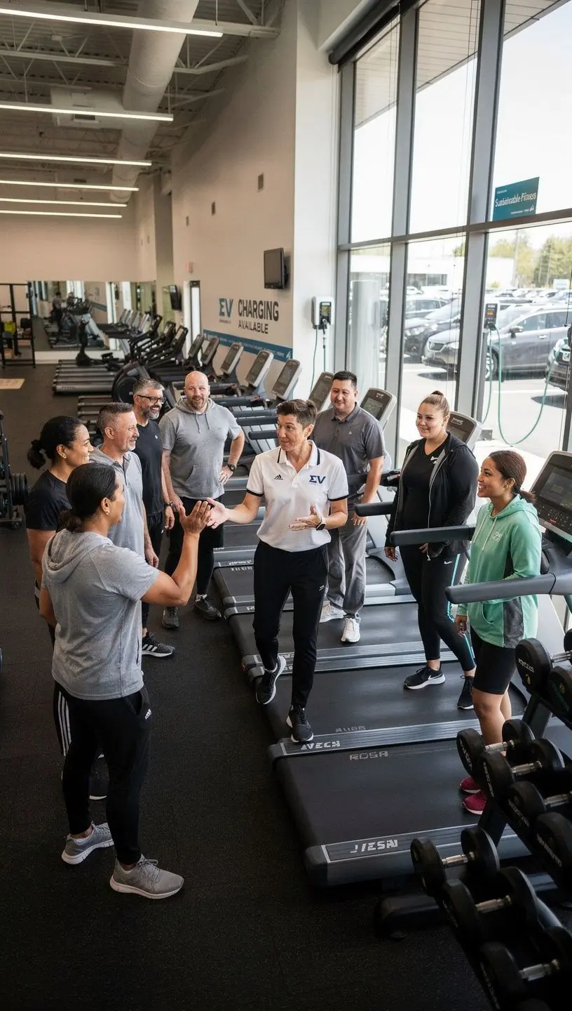 Ein Schild, das auf die VerfГјgbarkeit von Ladepunkten fГјr Elektrofahrzeuge im Fitnesscenter hinweist.
