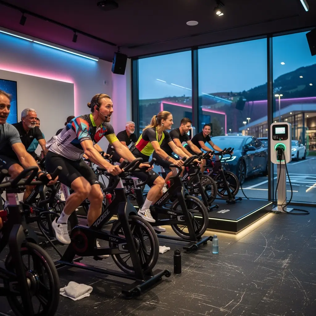 Ein Trainer, der einem Mitglied beim Workout hilft, während ein Auto lädt.