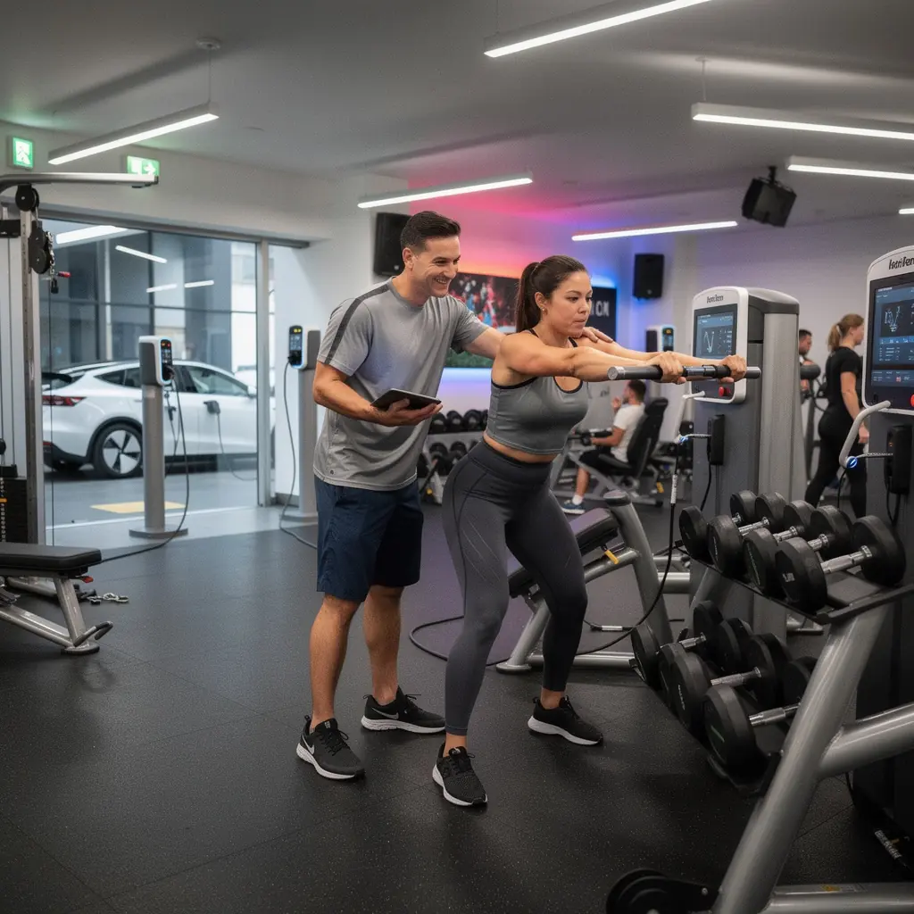 Entspannungsbereich im Fitnessstudio mit Zugang zu Ladestationen.
