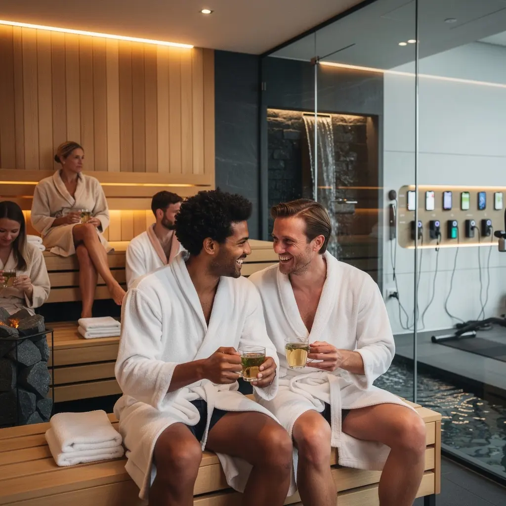 Eine moderne Fitnessstudio-Landschaft mit Ladestationen fГјr Elektrofahrzeuge im AuГџenbereich.