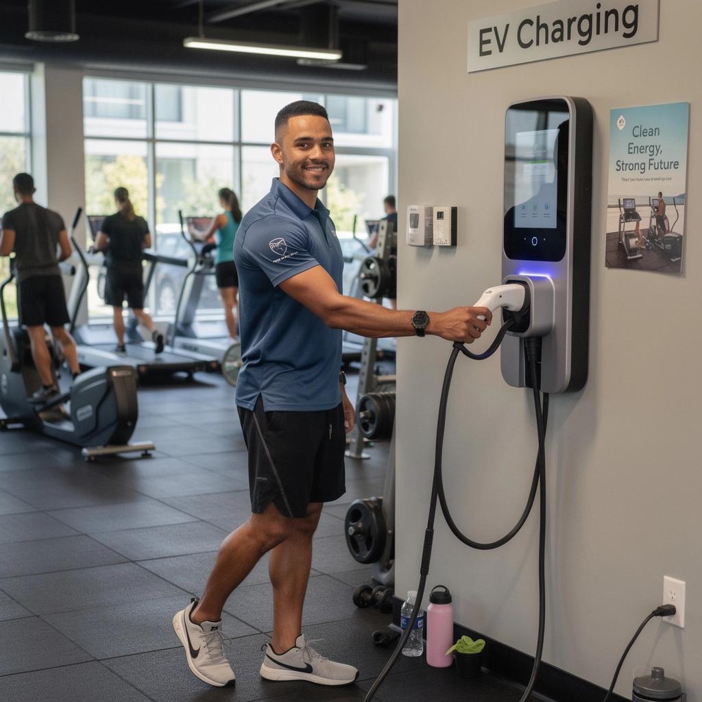 Landschaftsaufnahme eines Fitnessstudios mit integrierter Ladeinfrastruktur für Elektrofahrzeuge